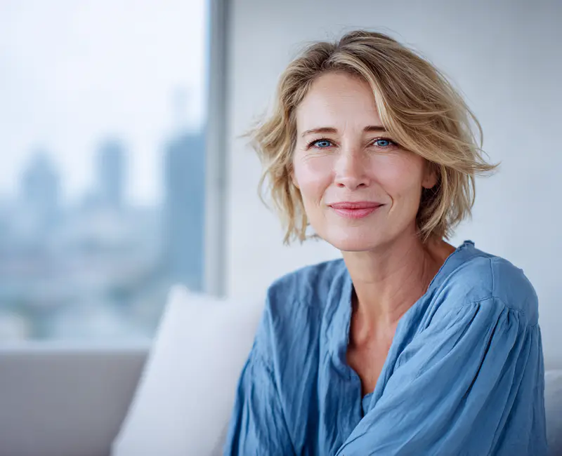 Portrait einer berufserfahrenen Frau mit ruhigem, zugewandtem Blick – Symbolbild für innere Stärke, Selbstreflexion und das Coaching Thema „Resilienz stärken“.