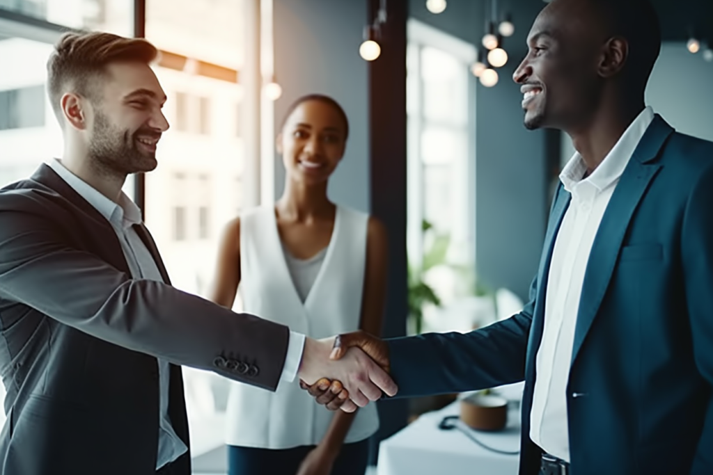 Men employees shaking hands while smiling with a woman looking in the background.