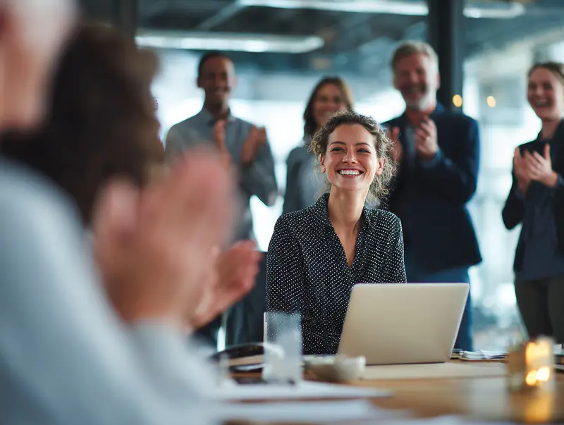 A young woman confidently presents to her team using a notebook and receives applause – symbolizing clarity and ownership in a new role.