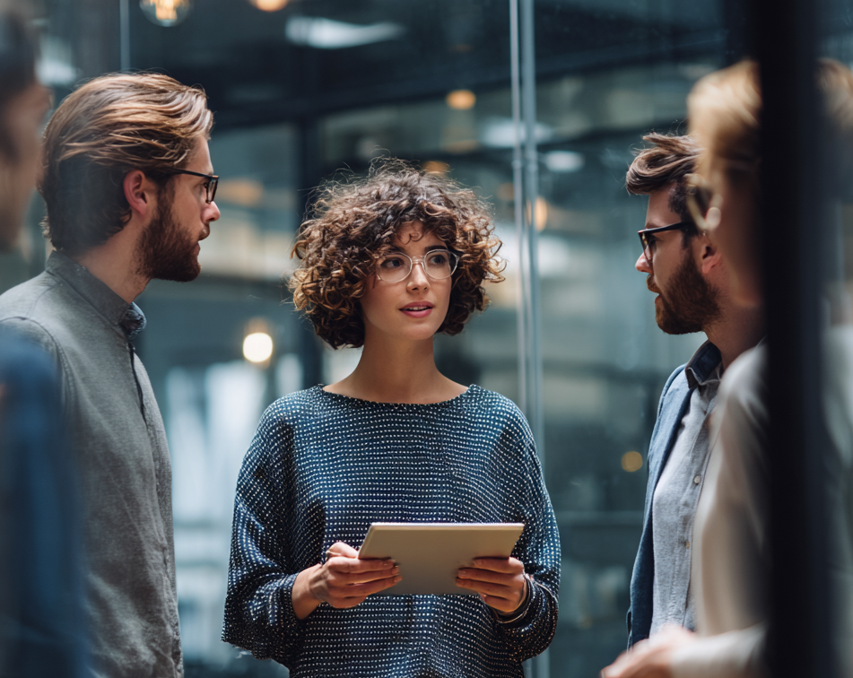 A group of young professionals in an engaging discussion, listening attentively – representing empathetic communication in teams.