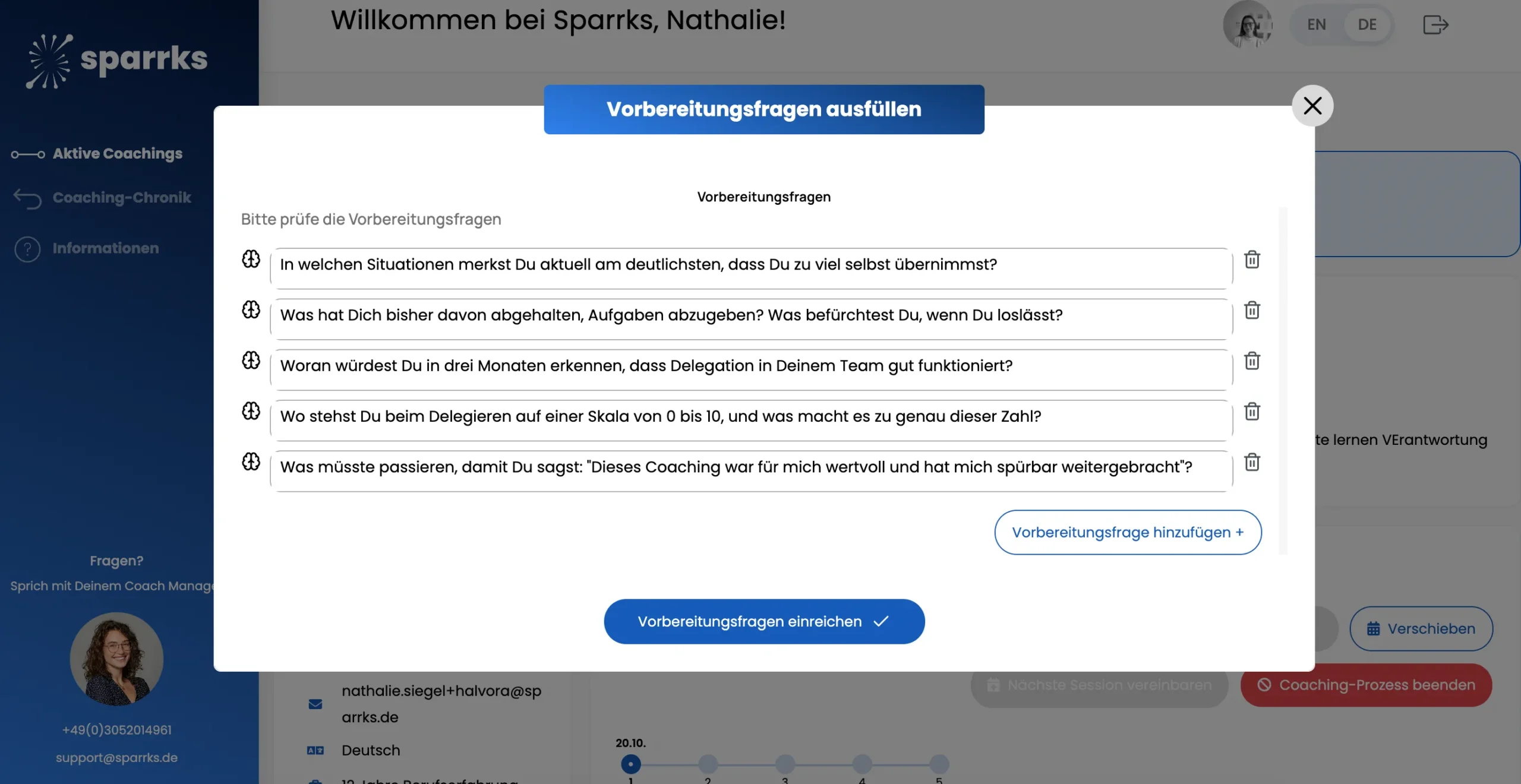 Sparrks Coaching-Plattform: Reflexionsfragen nach der Bearbeitung durch den Coach