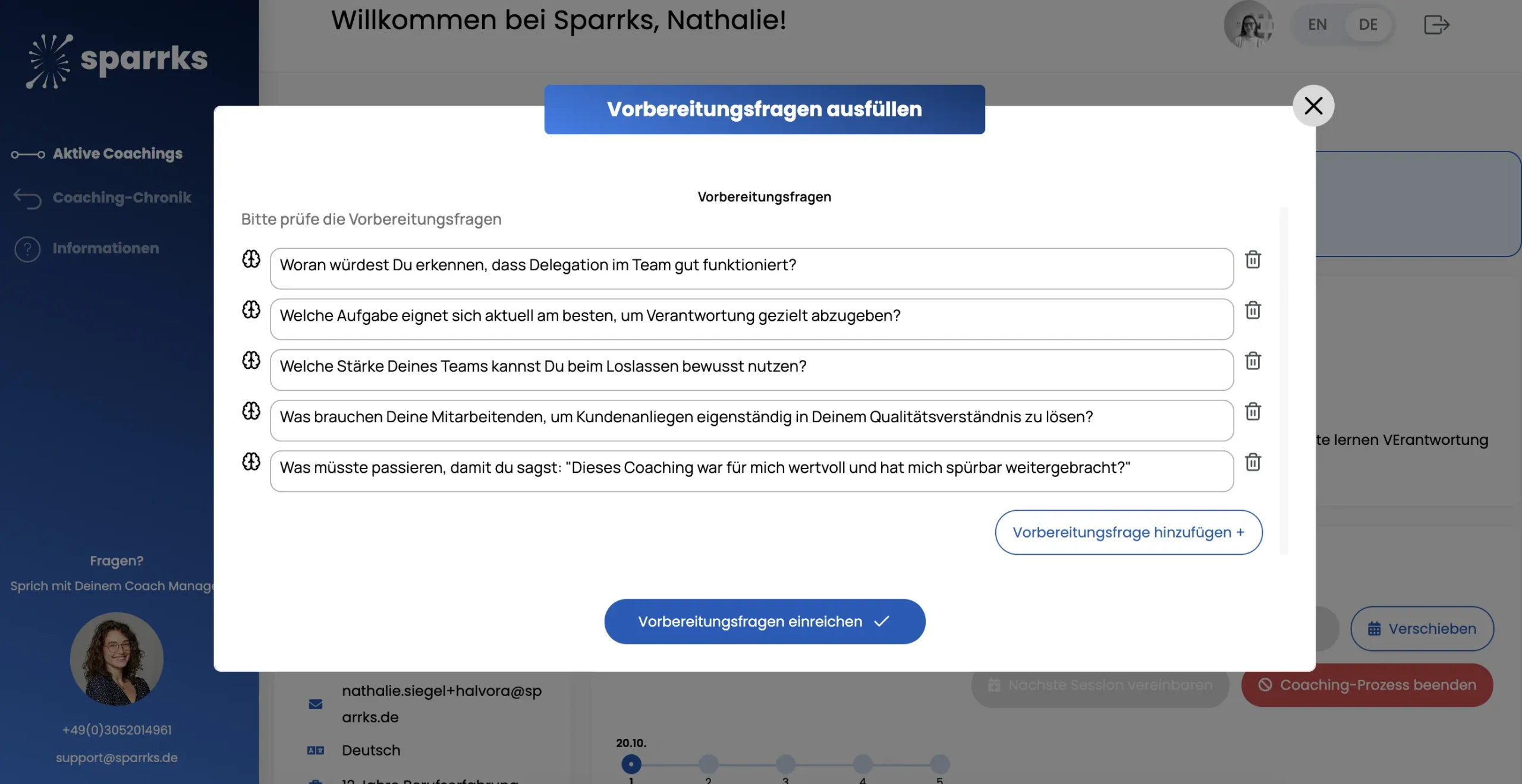 Sparrks Coaching-Plattform: von der KI vorgeschlagene Reflexionsfragen vor der ersten Session, noch ohne Coach-Review